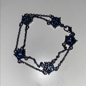 Givenchy Gunnmetal Dark Silver Blue Gemstone Double Chain Daisy Flower Bracelet
